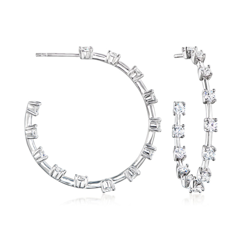 Sterling silver hoop earrings with baguette CZ stones, hinged hoop design