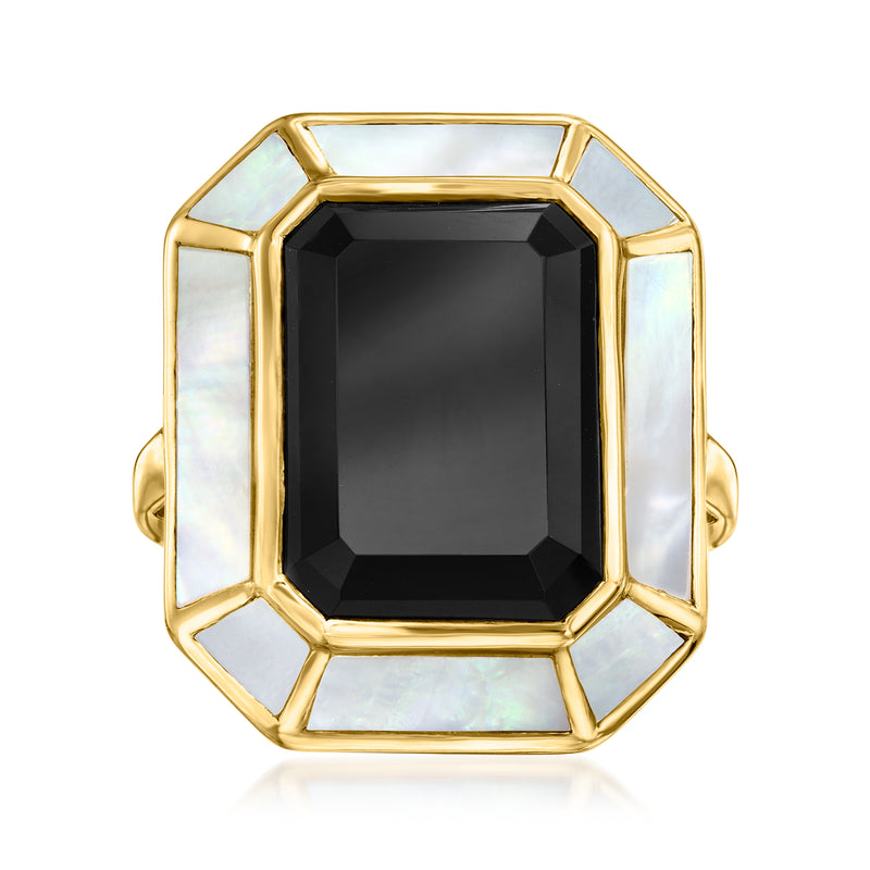 Gold over sterling onyx ring with mother-of-pearl inlaid bezel and octagonal black stone