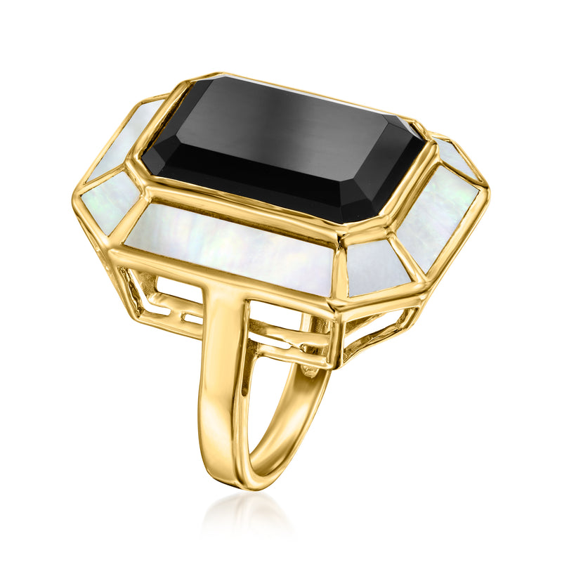 Gold over sterling onyx ring with faceted black stone and mother-of-pearl side panels