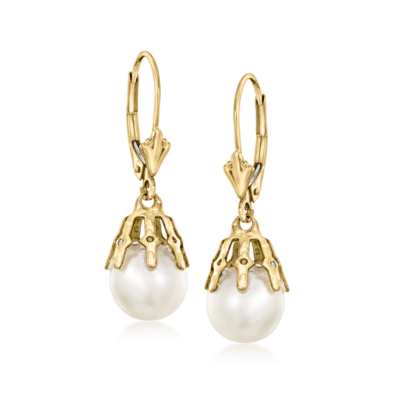 Yellow gold leverback drop earrings with large white cultured pearl drops