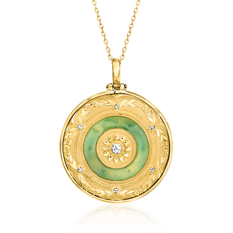 Round yellow gold pendant necklace with green enamel and diamond accents