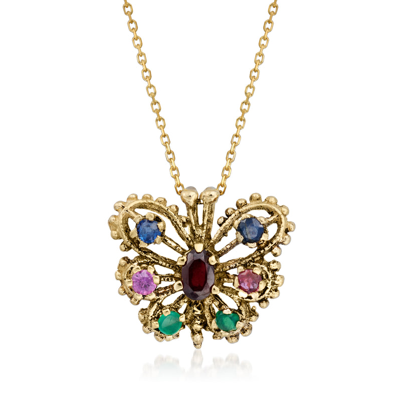 14kt yellow gold butterfly pendant necklace with blue, pink, green gemstones