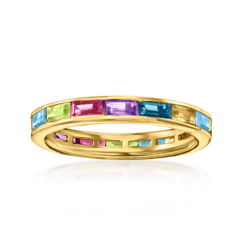 Gold-tone eternity band with multicolor baguette gemstones in a continuous row