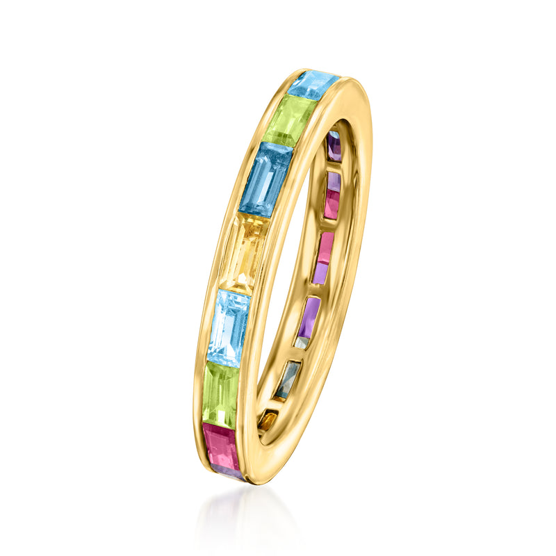 Gold-tone baguette gemstone eternity ring, side view with multicolor stones set