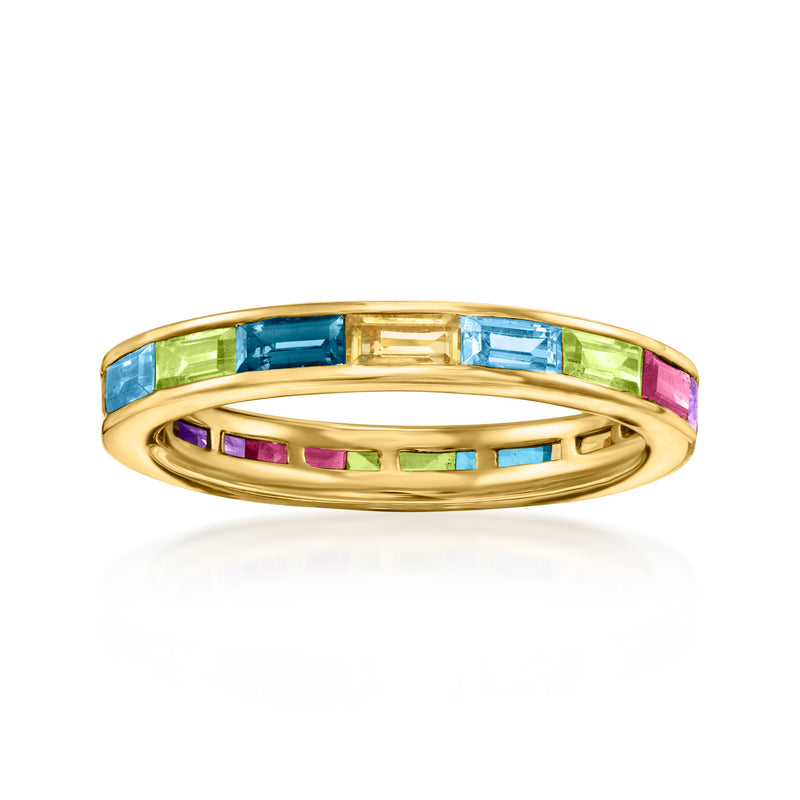 Multicolor baguette gemstone eternity ring in gold-tone metal, top view
