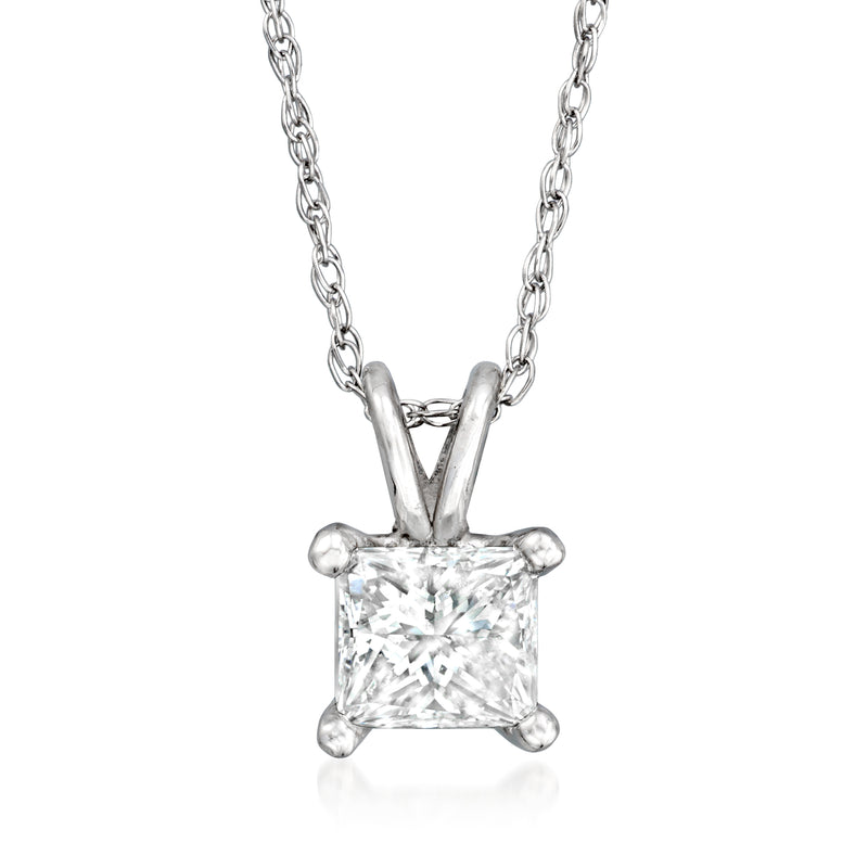 Vintage princess-cut diamond solitaire necklace in 14kt white gold, square stone pendant