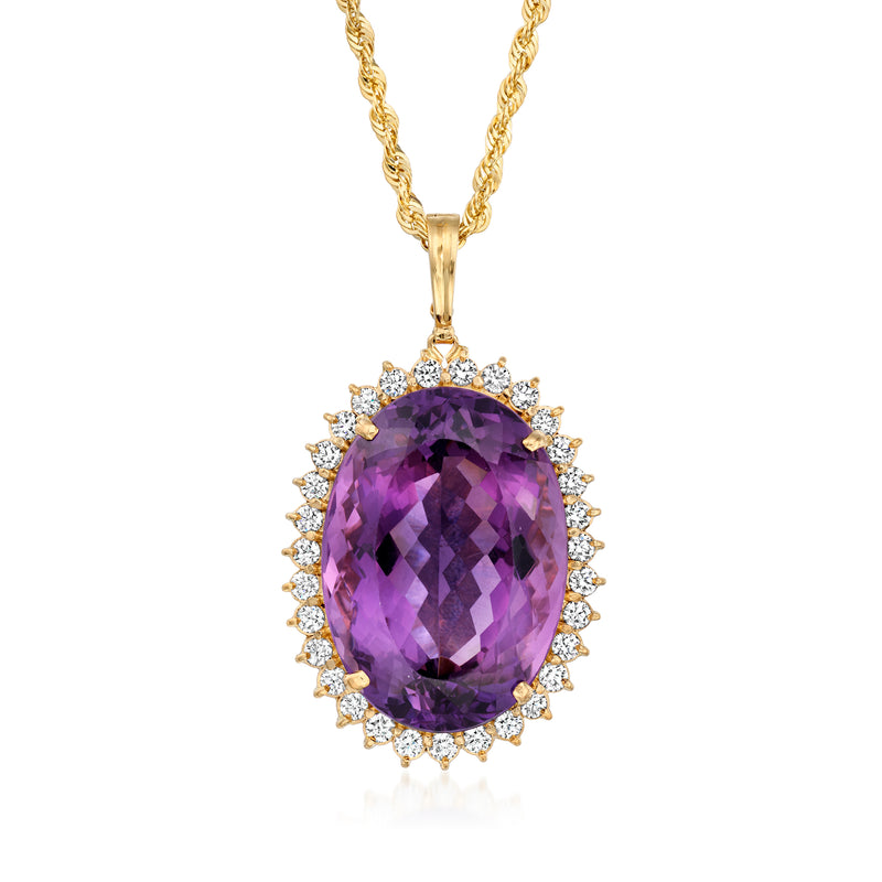 Oval amethyst pendant with diamond halo in 14k yellow gold on a chain