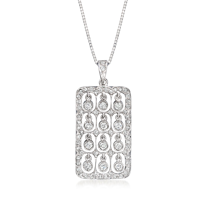 White gold diamond grid pendant necklace with rectangular layout and small round diamonds