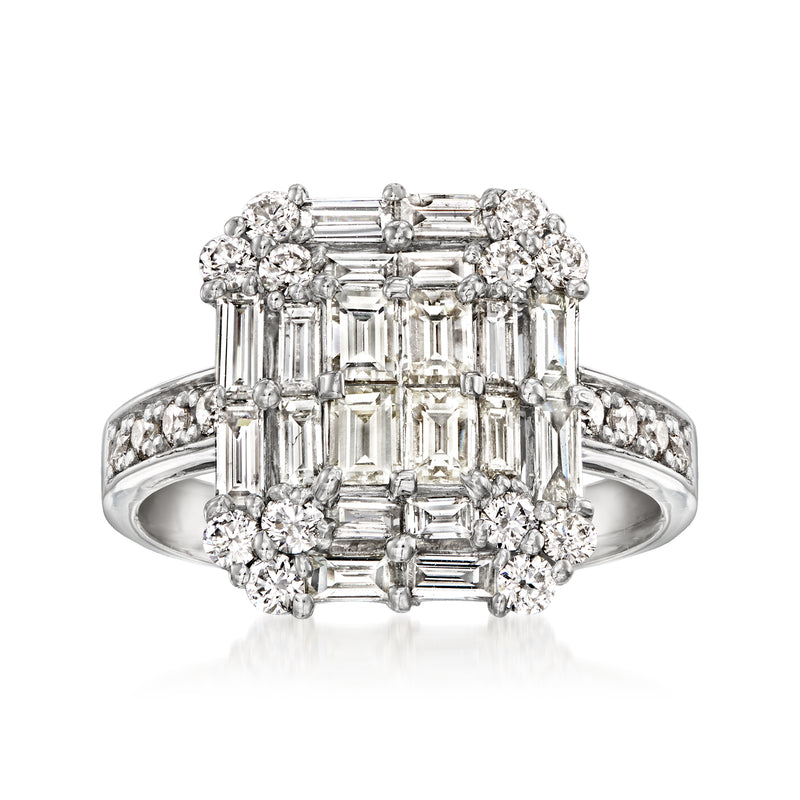 Platinum diamond cluster ring with rectangular emerald-cut center and round side stones