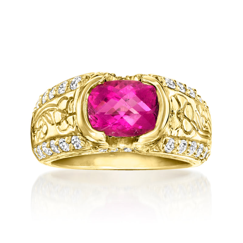 18k yellow gold vintage ring with oval pink tourmaline and diamond accents