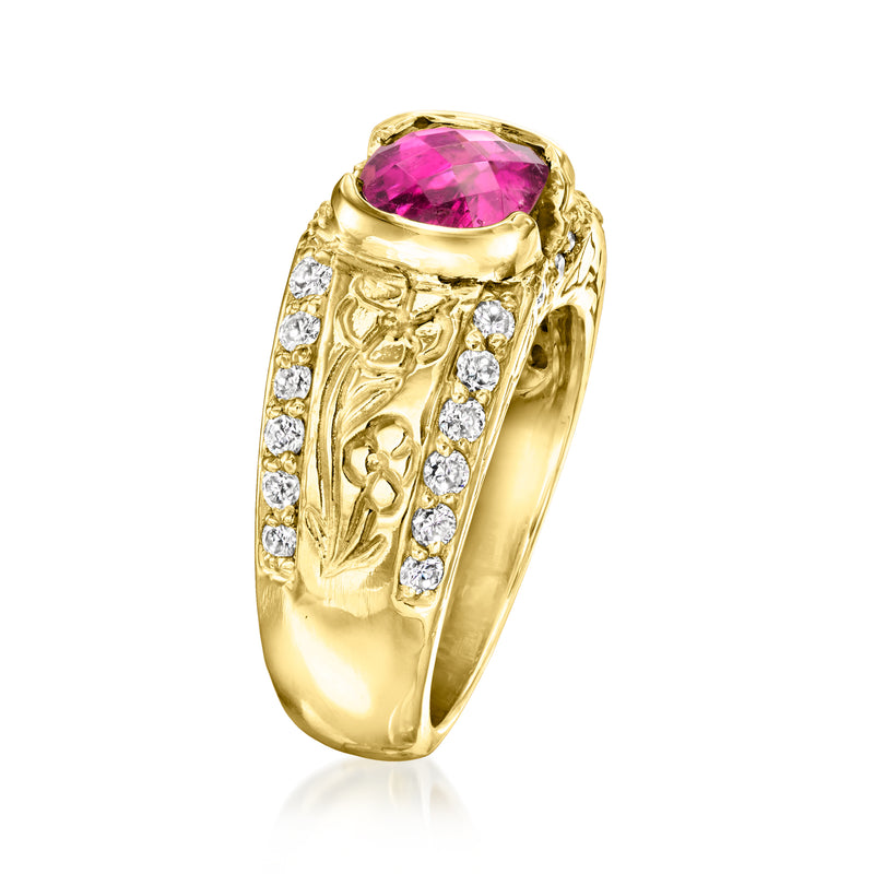 18k yellow gold ring with pink tourmaline center and diamond side detailing