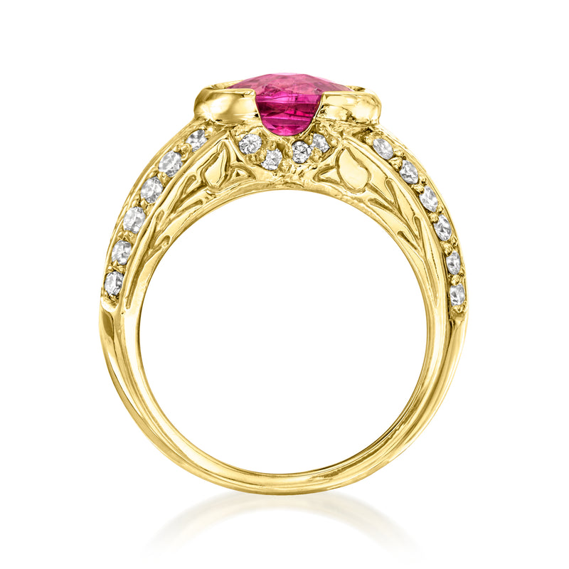 18k yellow gold vintage ring with pink tourmaline setting and diamond halo