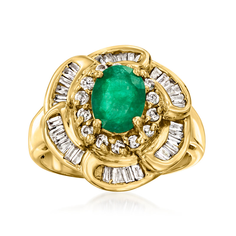 Vintage emerald green oval ring with diamond halo and baguette accents in yellow gold