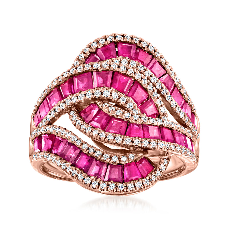 Rose gold knot ring with pink ruby-like gemstones and diamond accents along the bands