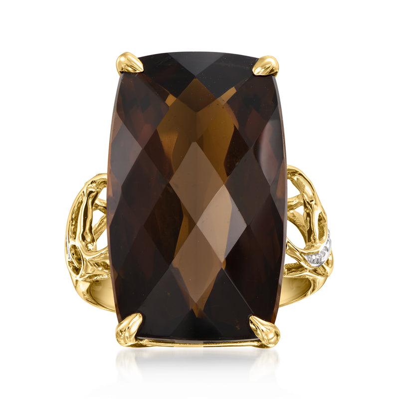 Vintage smoky quartz ring in 14kt yellow gold with large cushion-cut stone and four prongs