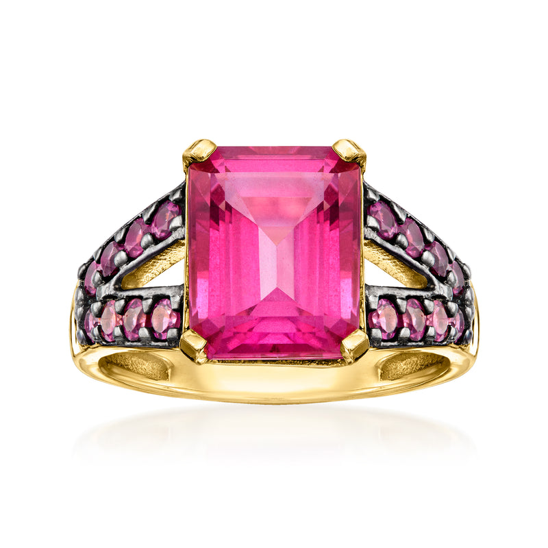 Gold-tone ring with large square pink gemstone center and pink stone side accents