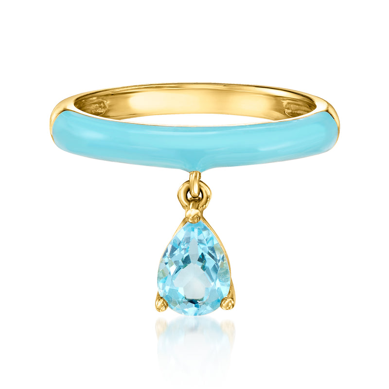 Gold ring with light-blue enamel band and pear-shaped blue topaz drop
