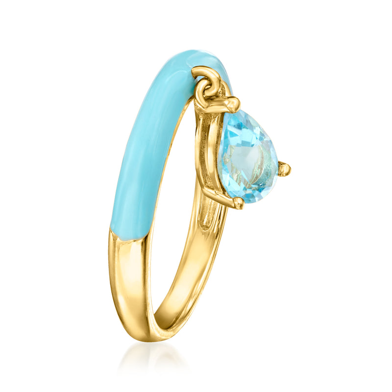 Gold ring with curved light-blue enamel and pear-shaped blue topaz gemstone
