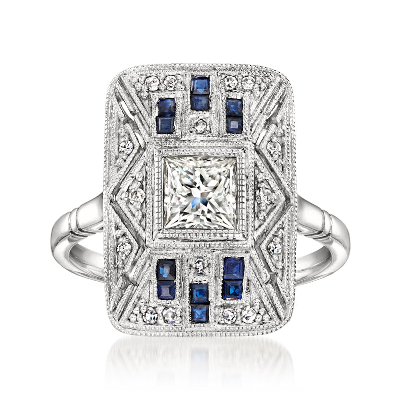 Platinum vintage square ring with princess-cut diamonds and blue sapphire accents