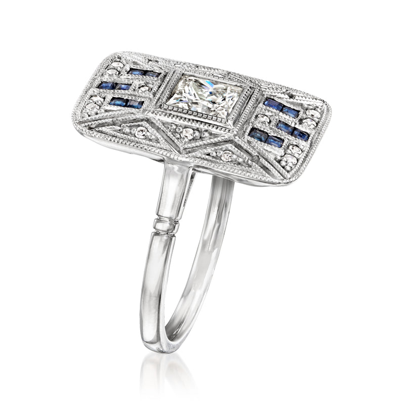 Platinum vintage rectangular ring with center diamond and blue sapphire side stones