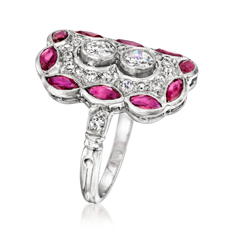 Platinum vintage ring, side view with pink oval rubies and round diamonds in setting