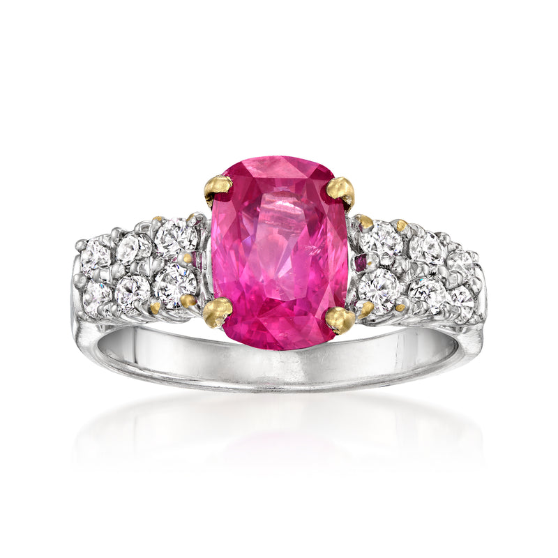 Vintage pink sapphire and diamond halo ring in 18kt white gold, oval center gemstone