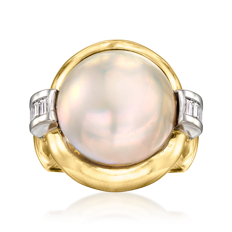 Yellow gold ring with large round mabe pearl and baguette diamond settings