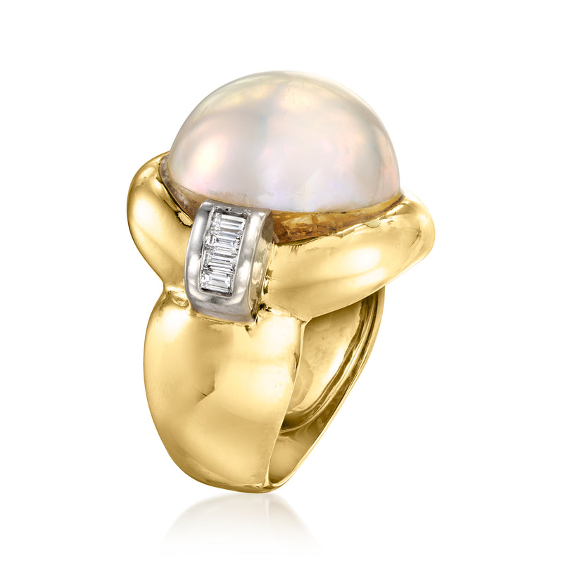 Yellow gold mabe pearl ring with square baguette diamond bezel at side
