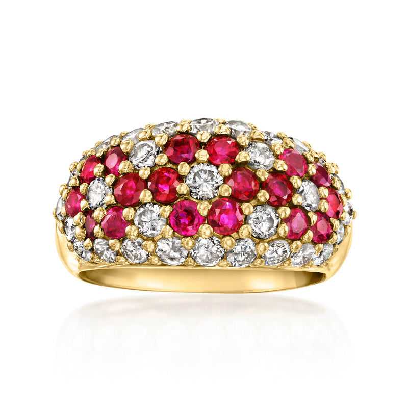 18kt yellow gold flower ring with ruby-red gemstones and white diamond accents