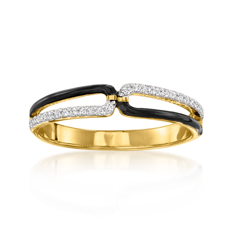 Diamond and black enamel ring in gold over sterling with split front design