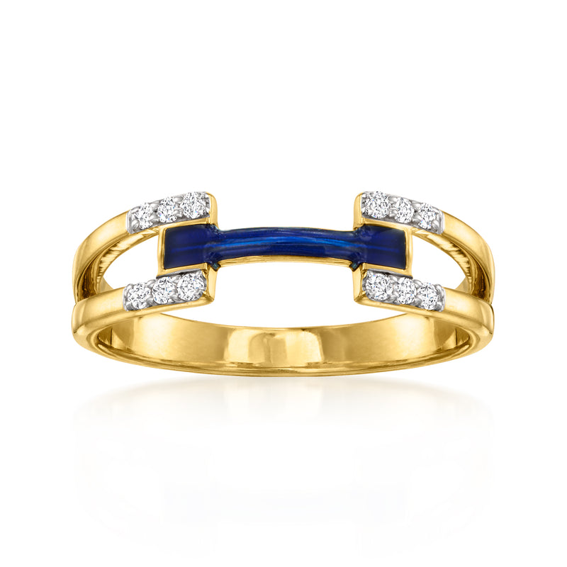 Gold over sterling ring with blue enamel center band and diamond-look accents