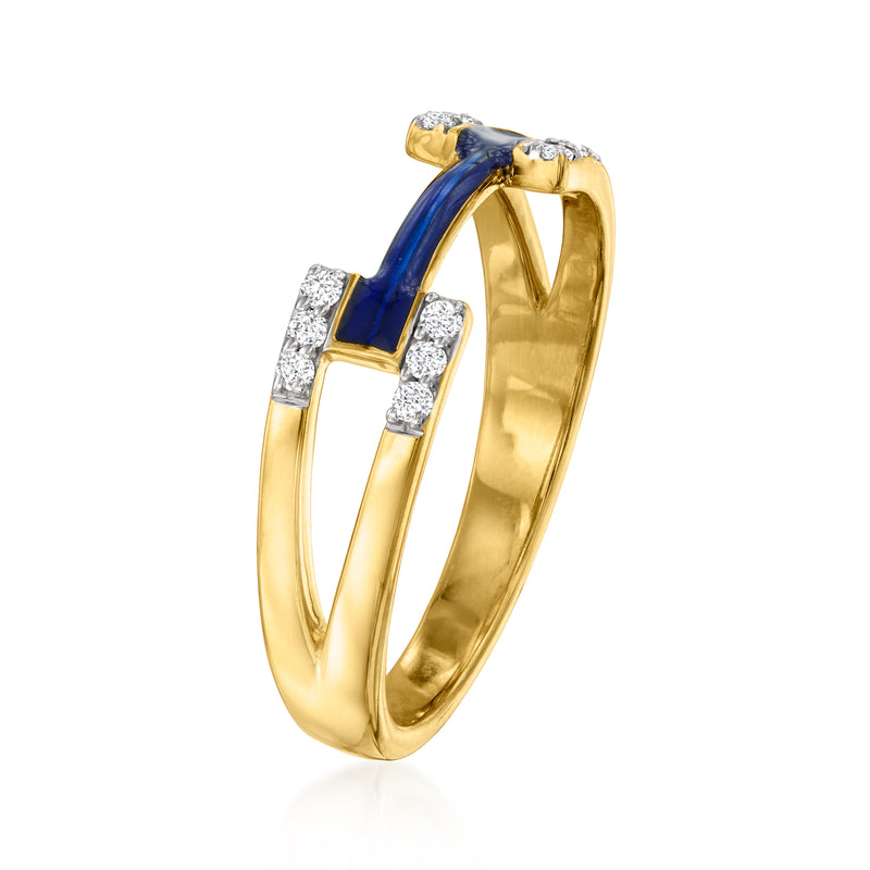 Gold ring with curved blue enamel band and square diamond-look accents, side view