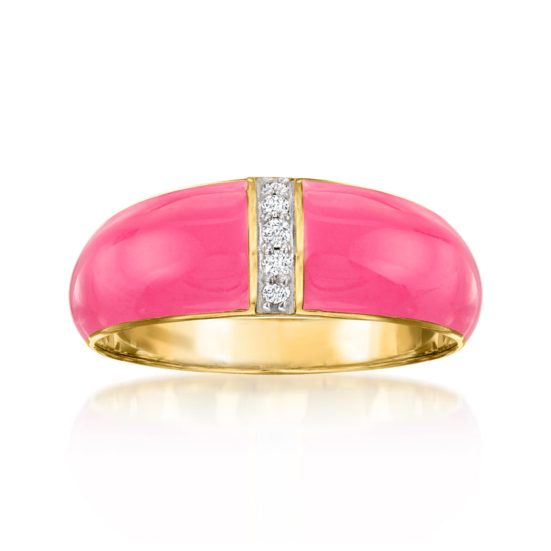 Pink enamel dome ring with diamond accents, 18kt gold over sterling