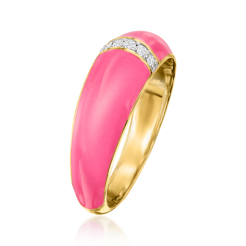 Pink enamel dome ring with diamond accents on a gold-tone band