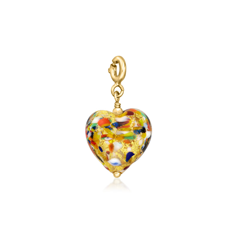Multicolored Murano glass heart charm with gold bail on 18kt gold over sterling chain