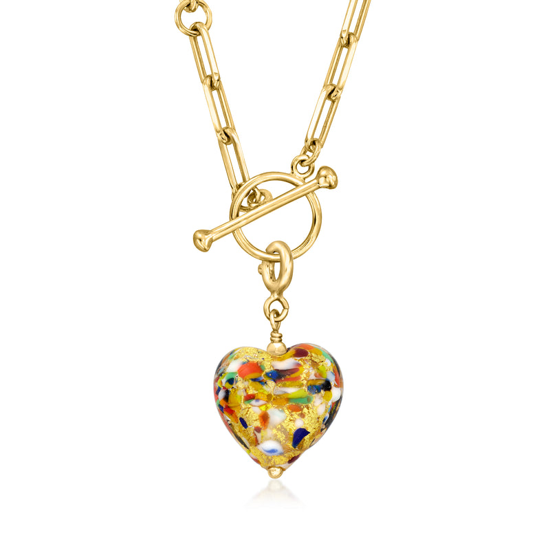 Gold-tone necklace charm with multicolored Murano glass heart pendant and link chain