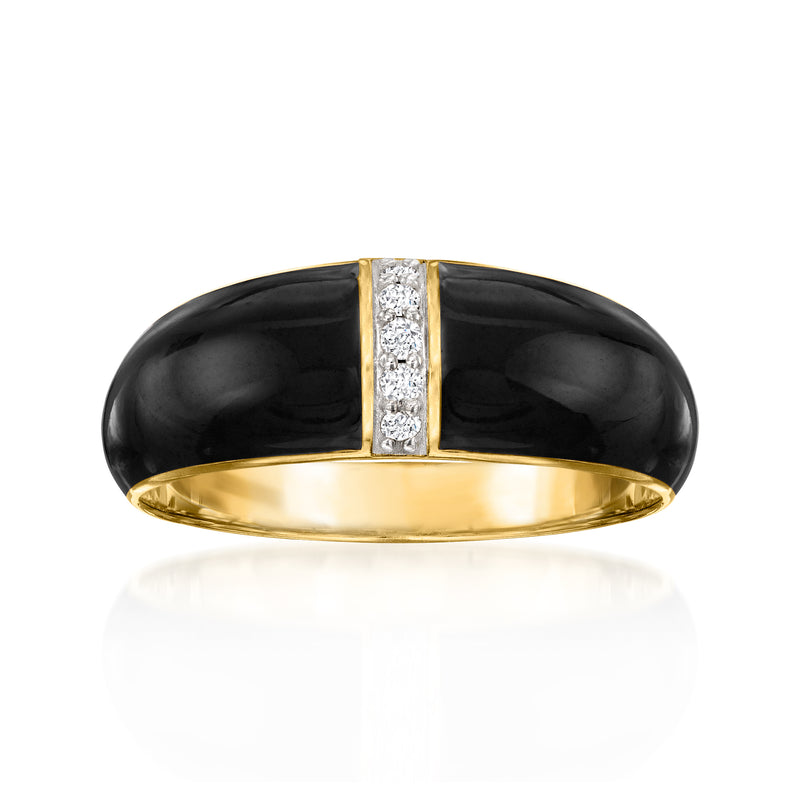 Black enamel dome ring with gold edges and diamond-set center bar