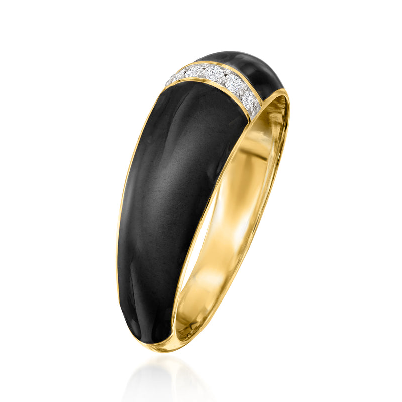 Black enamel dome ring with diamond-studded top border and gold-tone band