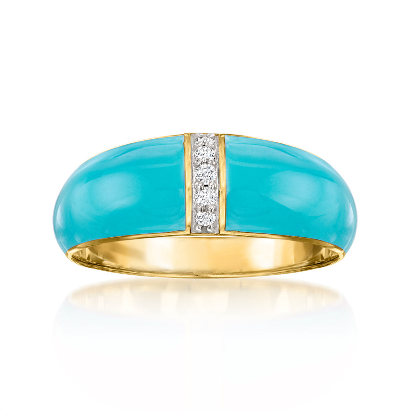 Blue enamel dome ring with diamond band in gold over sterling