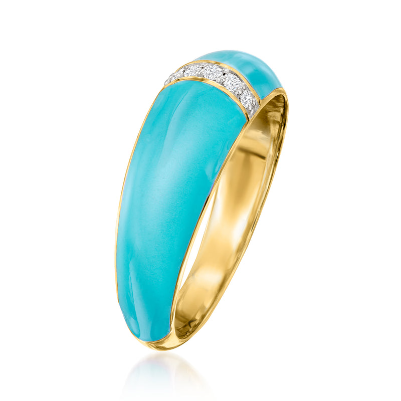 Blue enamel dome ring with diamond-set top edge in gold over sterling