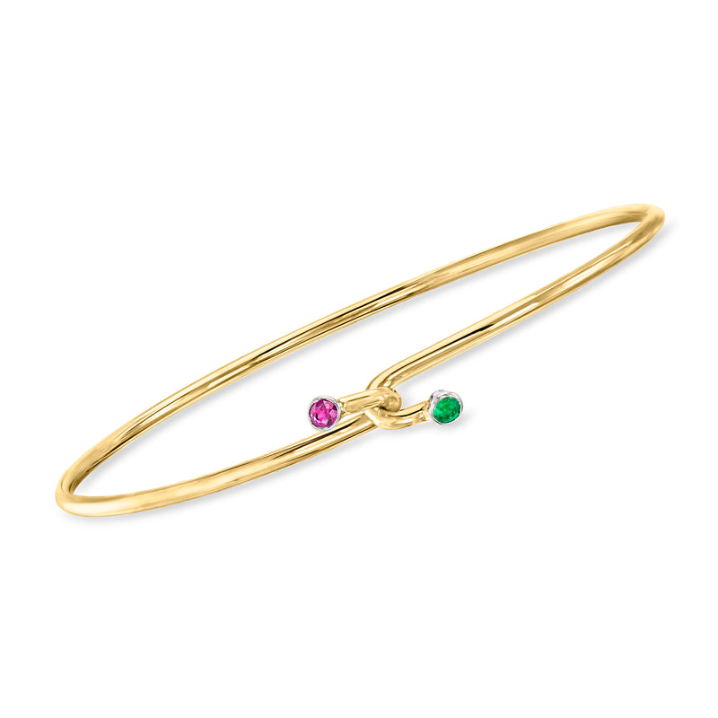 14kt yellow gold bangle bracelet with ruby-pink and emerald-green stones