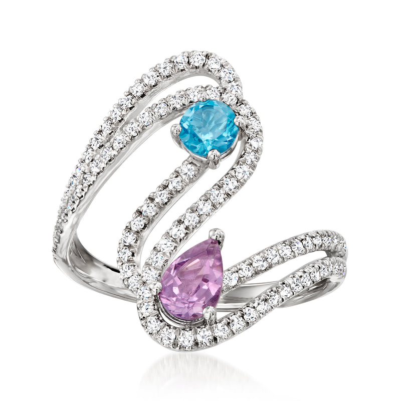 Sterling silver swirl ring with blue topaz, purple amethyst, and diamond accents