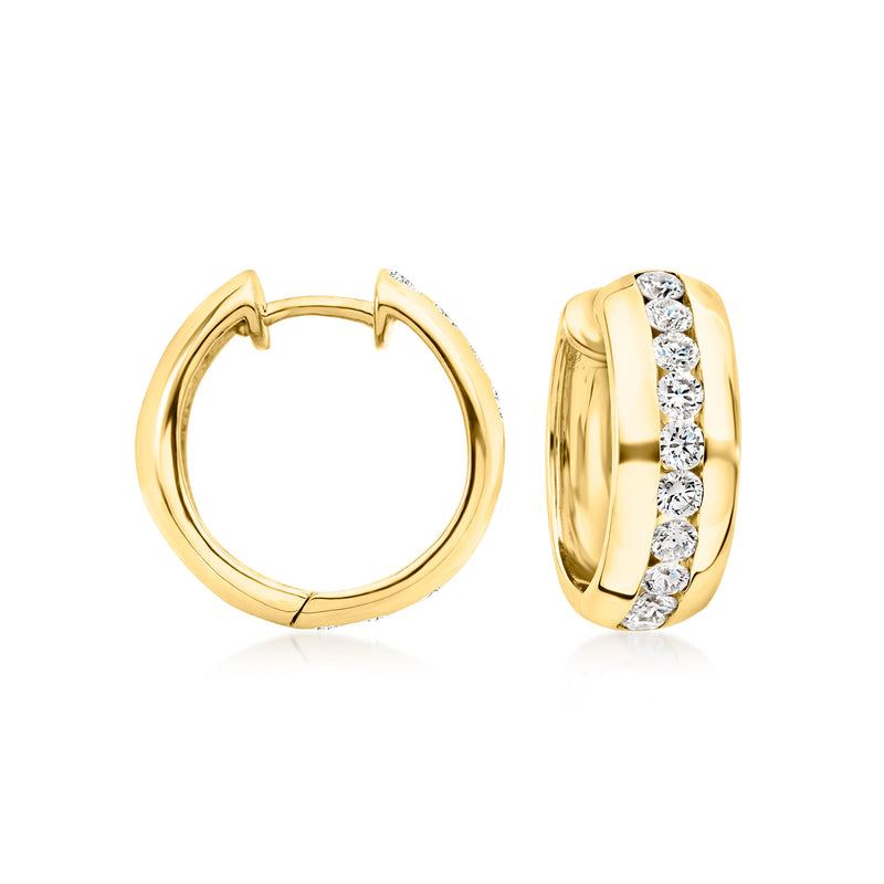 Gold hoop earrings with a row of small diamond-look stones