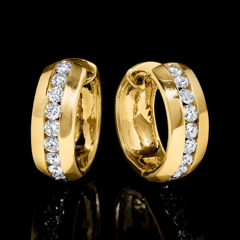 Gold hoop earrings with a vertical row of round diamond-look accents