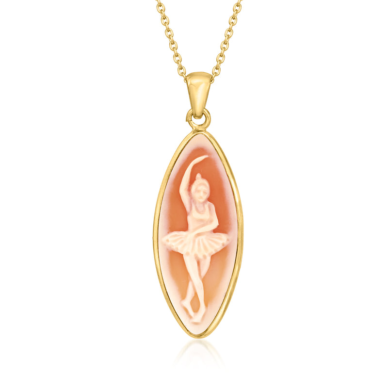 Gold cameo pendant necklace with oval orange shell ballerina figure and short chain