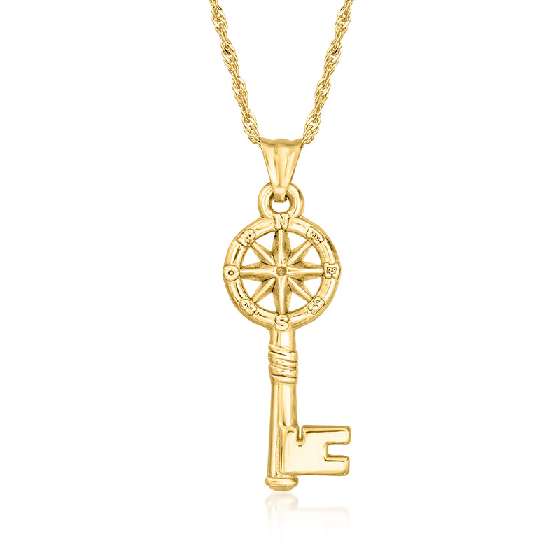 Gold-tone compass key pendant necklace with round compass and skeleton key charm