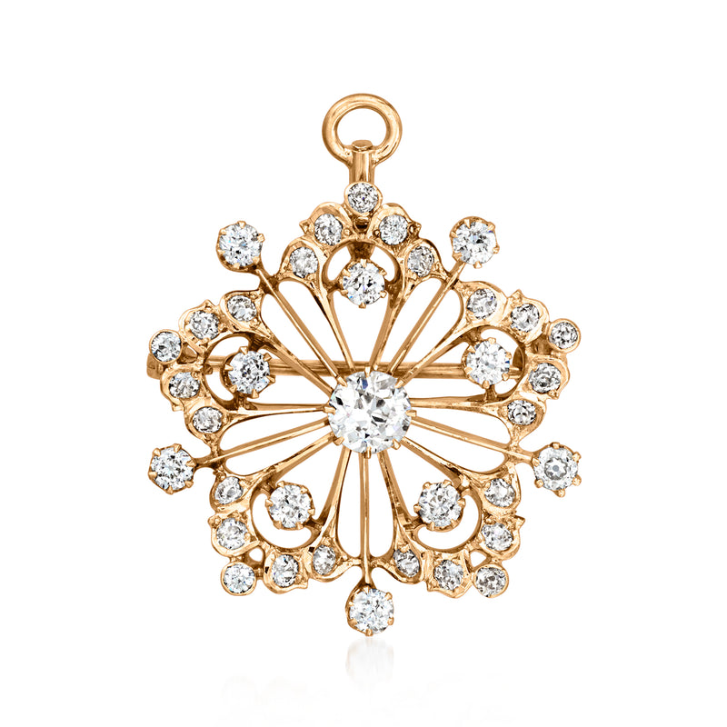 14kt yellow gold diamond starburst pin/pendant with round sparkling stones and halo design