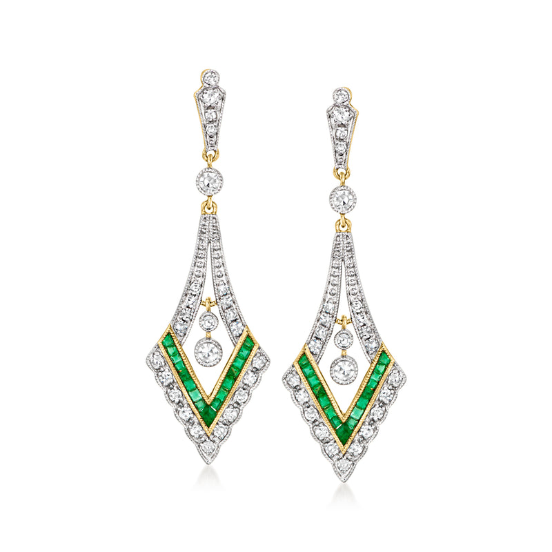 Yellow gold drop earrings with green emerald insets and clear diamond stones