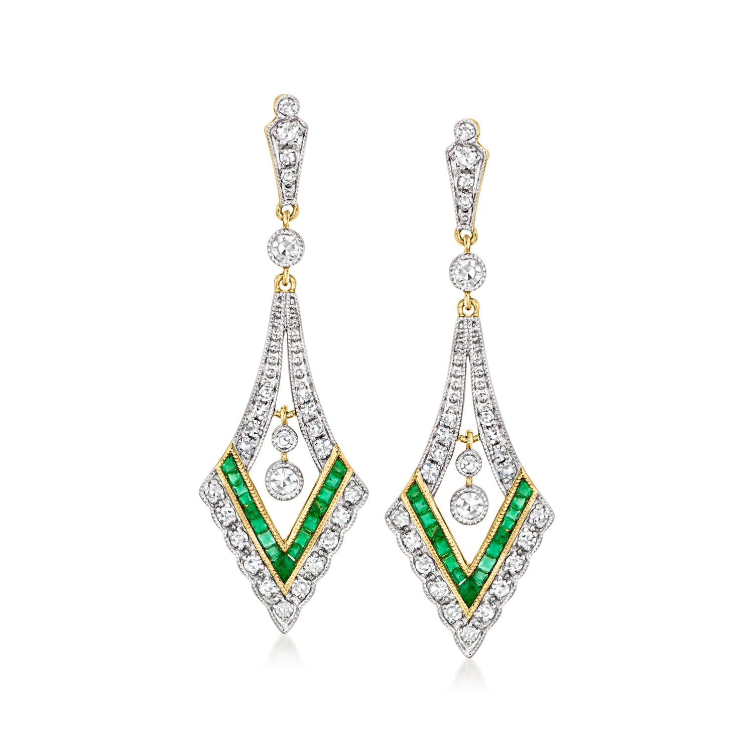 C. 2000 Vintage .80 ct. t.w. Diamond and .38 ct. t.w. Emerald Drop Earrings in 14kt Yellow Gold