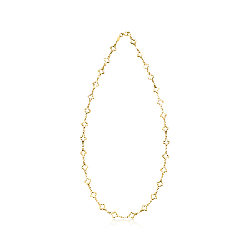 14kt yellow gold clover station necklace with evenly spaced four-leaf clover links